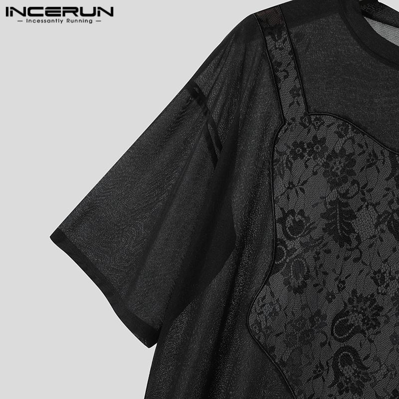 INCERUN Men O Neck Short Sleeve Funny Lace Patchwork Mesh Sheer Loose T-shirts Tee