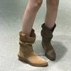 Lazy Stylish Leather Western Cowboy Boots Women's Pointed Medium Boots Pleated Pile Boots Thick Heel Martin Boots
