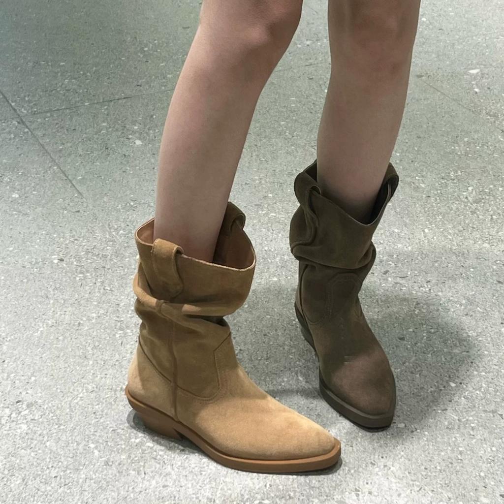 Lazy Stylish Leather Western Cowboy Boots Women's Pointed Medium Boots Pleated Pile Boots Thick Heel Martin Boots