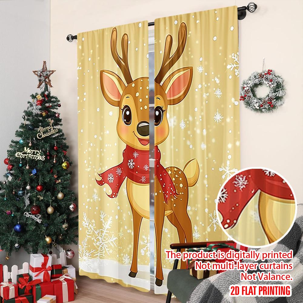 2pcs 2D flat printing Christmas Window Curtains Cute cartoon reindeer (2) 100% Polyester Without Electricity Family Party for