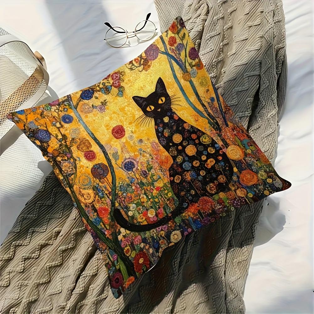 Gustav Klimt Style Black Cat Pillow Cover Floral Art Print Boho Vintage Cushion Case For Sofa Bed Couch Artistic Home Decor