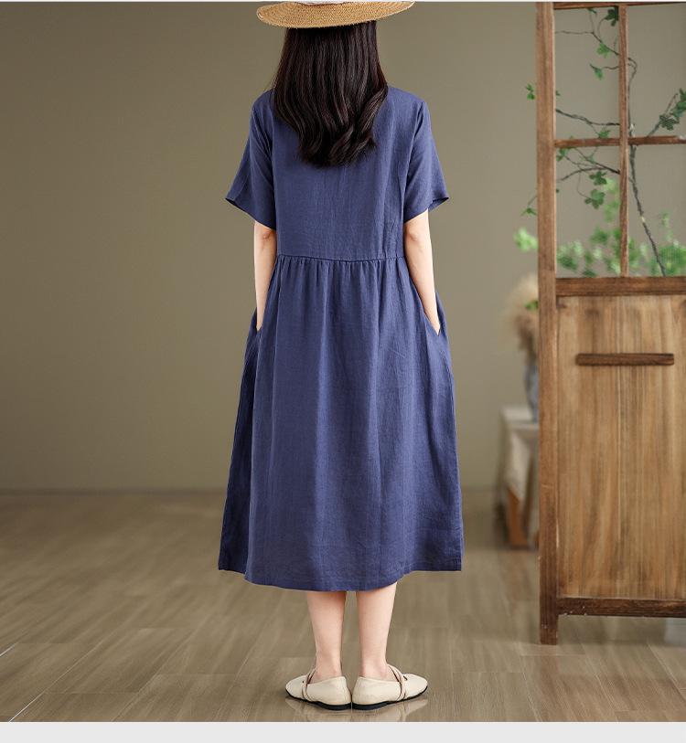 2024 Summer Japanese Style Cotton-Linen Polo Collar Midi Dress for Women