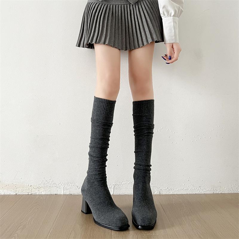 

Летающие тканые толстый каблук маленький квадратный носок тонкие сапоги 2025 осень новые на толстой подошве повседневные универсальные сапоги до колена эластичные сапоги-носки 40