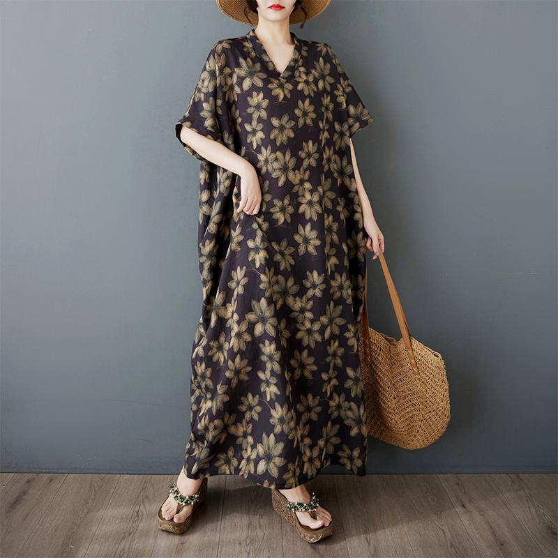 

DIMANAF 2025 Summer Women Plus Size Loose Dress New Basic Floral Vintage Printing Long Dress Casual Dress Maxi One Size коричневый