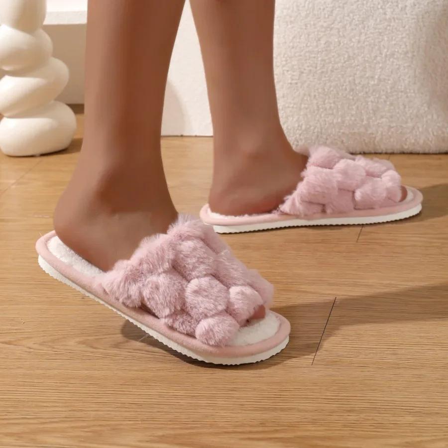 Fashion Women Fashion Fur Slippers Fluffy Warm Plush Slippers Woman Flat Non Slip Indoor Slides Open Toe Warm Non-slip Cotton Slippers