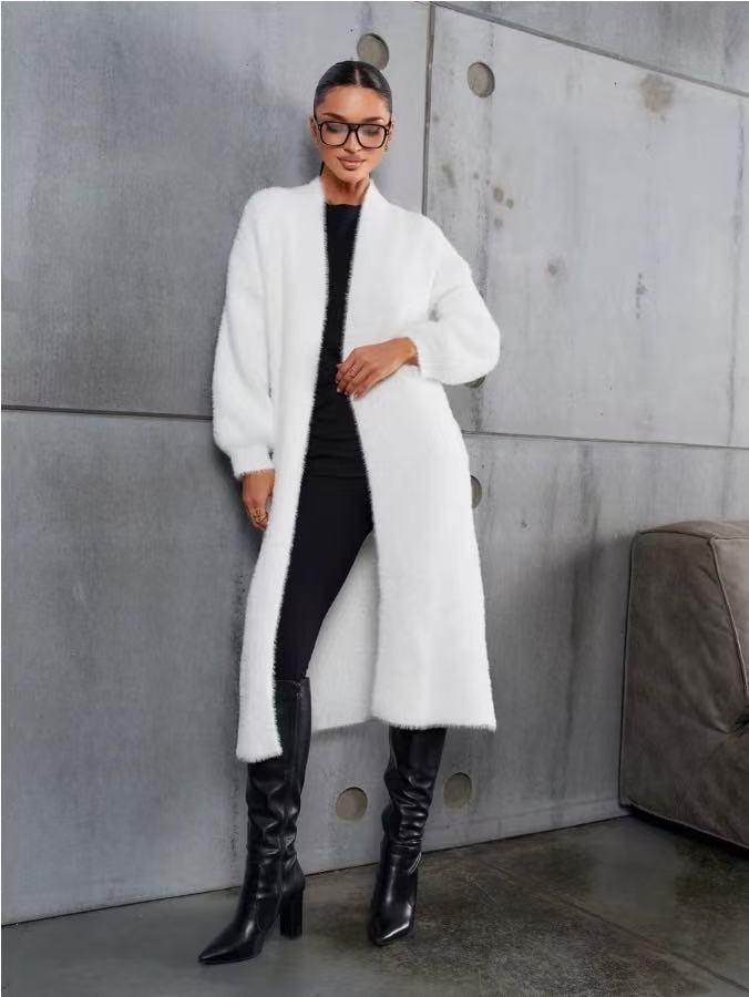 White Mink Velvet Loose Knit Cardigan Sweater - Women's Solid Color Spring & Autumn Outerwear