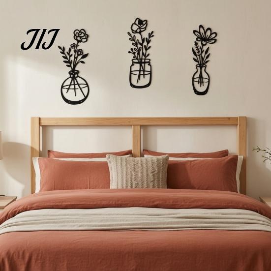 Abstract Floral Wall Decoration 3Pcs Black Metal Flower Decor, Rustic Farmhouse Boho Art, Dining Room Accent Vase Hanging Decor for Bathroom