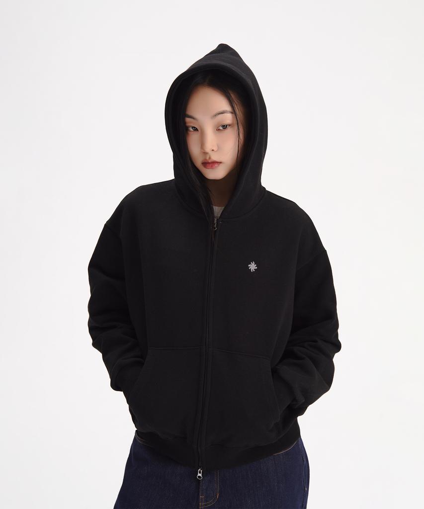 Slow Record House Crop Zip-Up Hoodie_Black