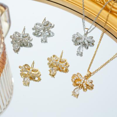 Schleife High-End Blitz Diamant Nische Leichter Luxus Zirkon Halskette Ohrringe Damen Anzug