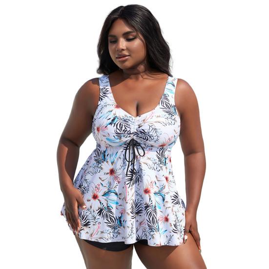 2Pcs/Set Women Tankini Set Deep V-Neck Drawstring Flowy Hem Tops High Waist Swimming