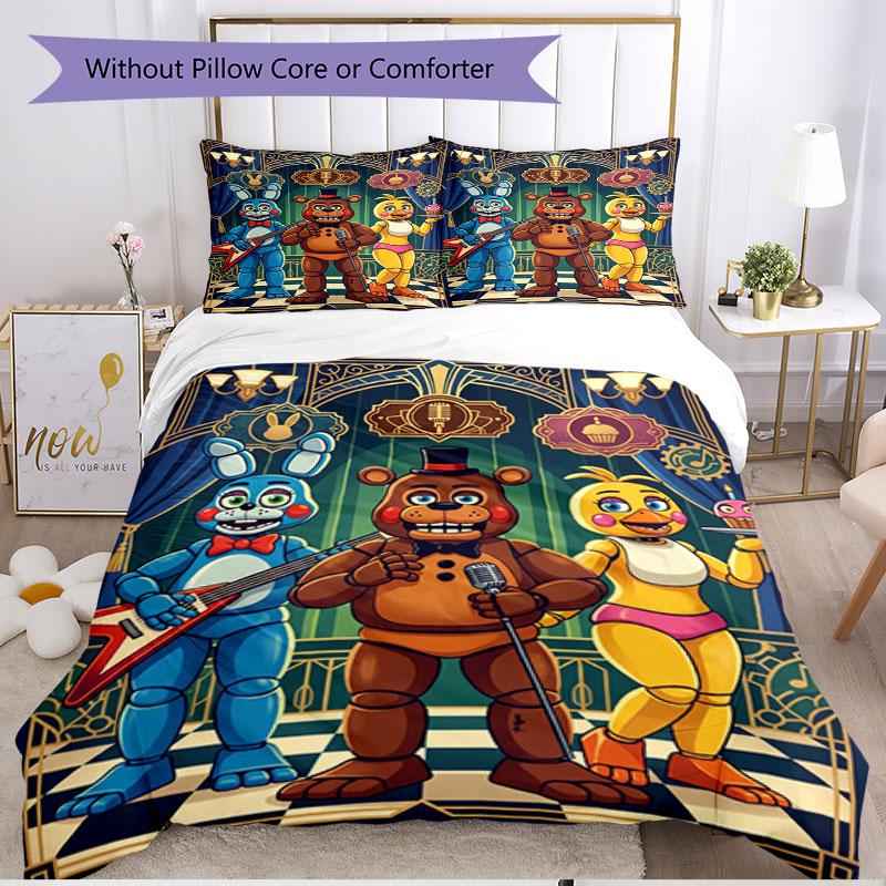 3vnt antklodžių užvalkalų rinkinys (1 * Antklodės užvalkalas + 2 * Pagalvės užvalkalas, be šerdies), Five Nights at Freddy's Spausdintas Minkštas Visų Sezonų Patalynės Komplektas, Namų Miegamojo Dekoro Dovana