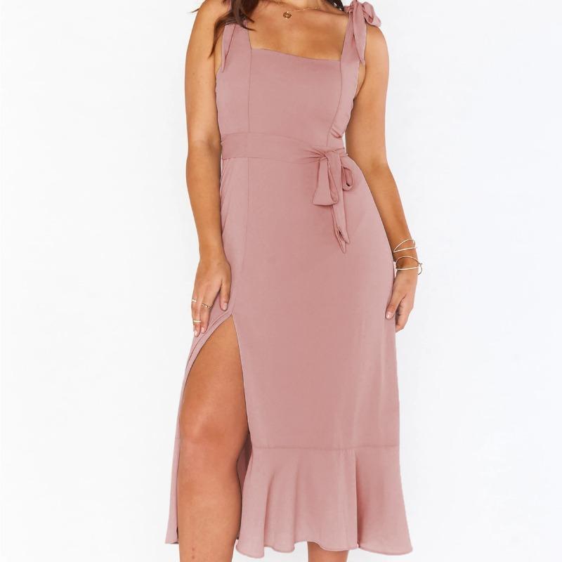 Summer Women's Pullover Hanger Strap Off Shoulder One Line Neck Lace Up Bow Tie Solid Color Split Fashion Casual Sexy Dresses