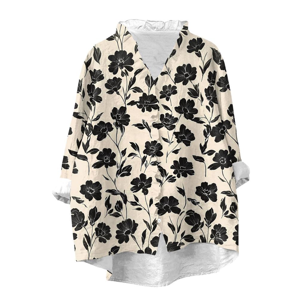 Women's Loose Ruffled Retro Floral Print Stand Collar Long Sleeve Cotton And Linen Top
