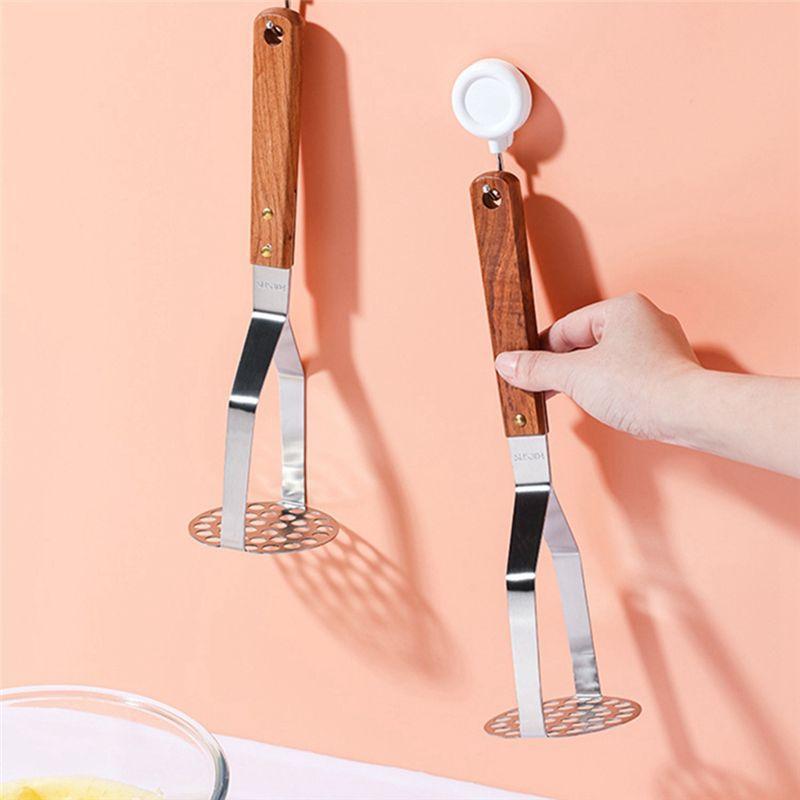 AEE2-2 PCS Potato Mashers Vintage Kitchen Utensil Stainless Round Potato Masher Wooden Handle Masher Ricer Tool