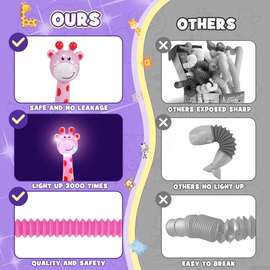 LED Giraffe Pop Tube Suction Cup Toys 4PCS, Easter Basket Stuffers Fidget Sensory Toys Telescopic Suction Cup Giraffe Toy