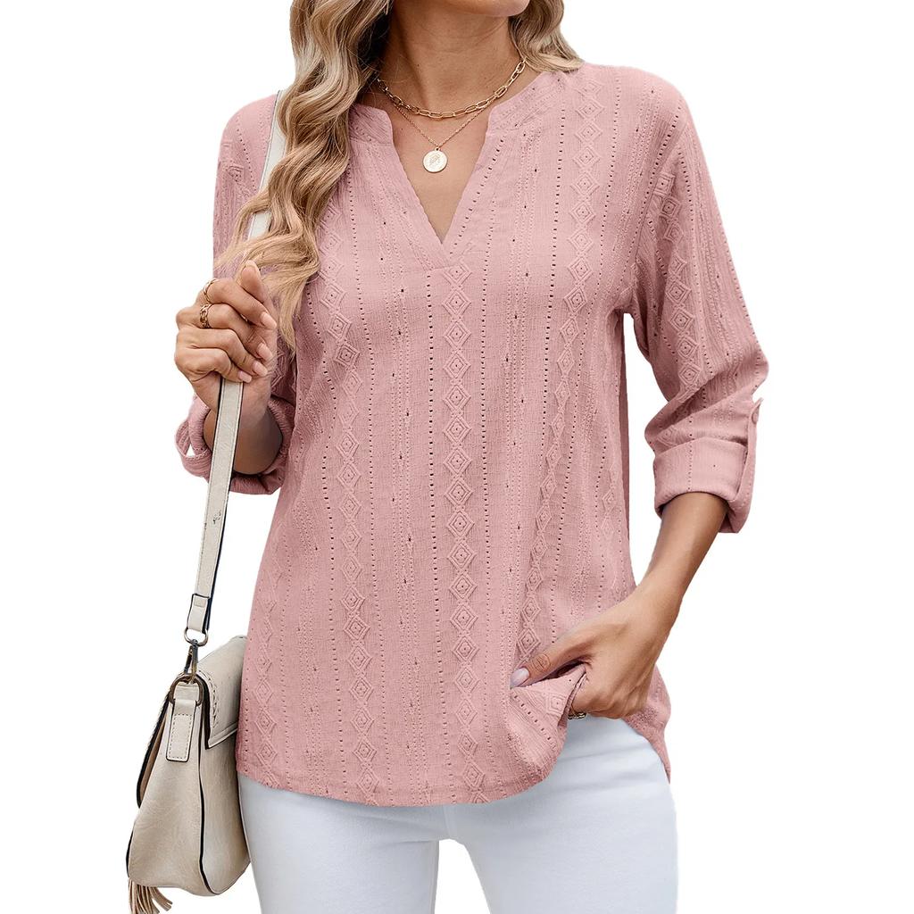 Women's Casual Three-Quarter Sleeve T-Shirt V-Neck Cut-Out Solid Color Top with Cufflinks Versatile Commuter T-Shirt