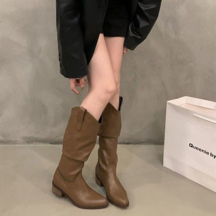 Coarse Heel Pleated Long Knight Boots Women's Shoes 2025 New Autumn and Winter Western Thin and Thin Long Boots