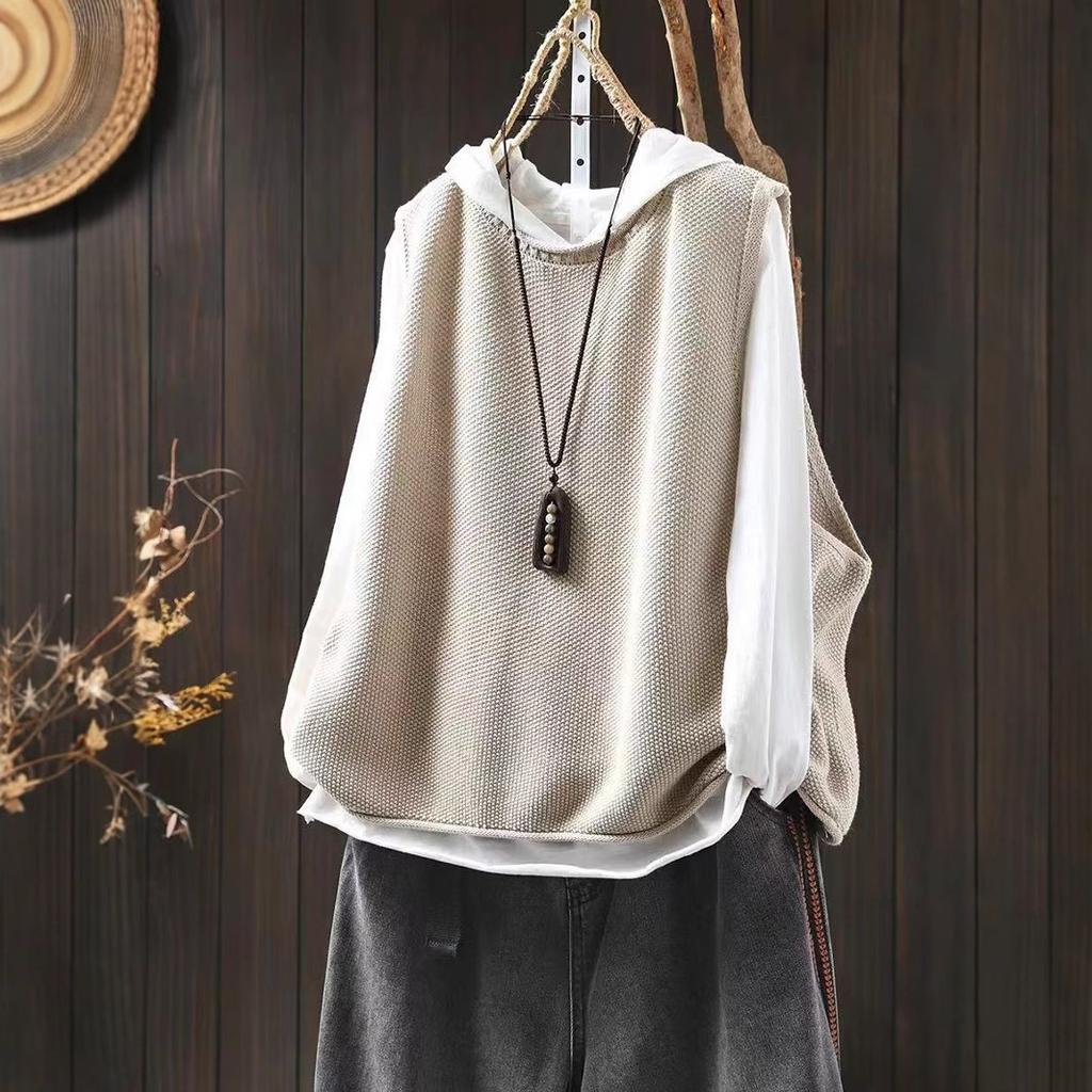 Spring Retro Casual Round Neck Pullover Knitted Vest Women's Loose