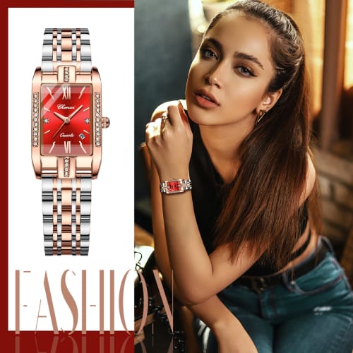Women's Square Diamond Watch: Dainty Replica Watch with Zirconia, Roman Numerals, Quartz Movement, Calendar, Date Display, Stainless Steel Strap, Red,