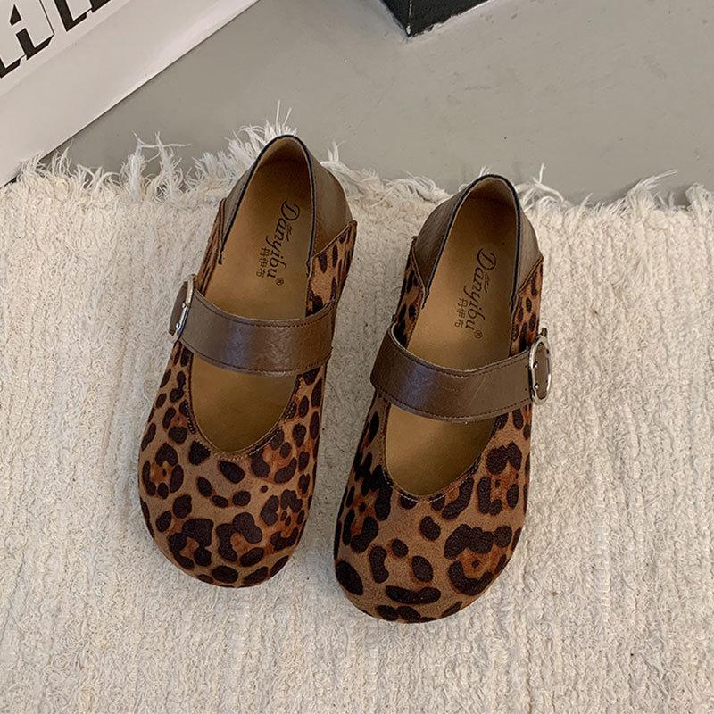 

Vintage matte leather word with Mary Jane shoes women s 2025 new breathable fashion single shoes women s shoes ballet shoes women 40 леопардовый