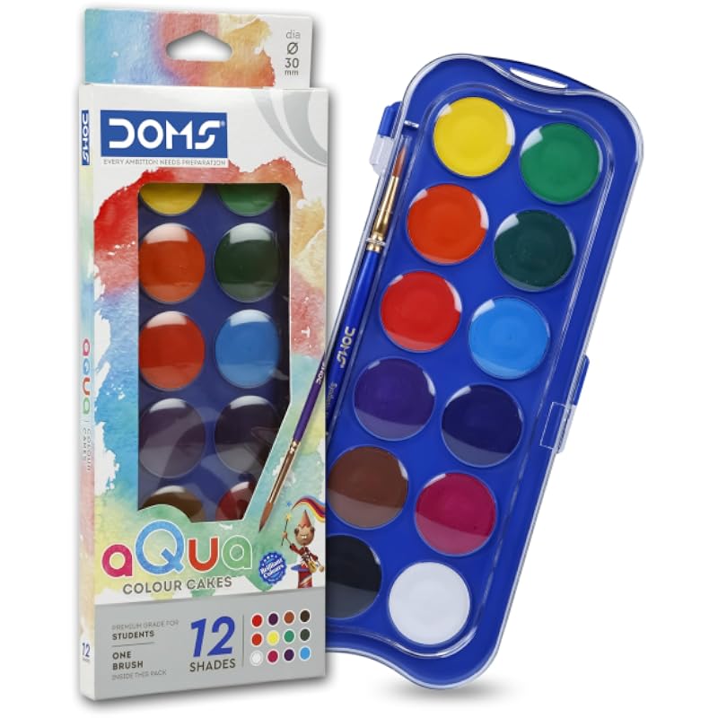 Doms 12 Shades 30Mm Water Colour Cakes | Easy To Use Palette Lid | Organic Rich Colour Pigments | Free Brush Inside | No