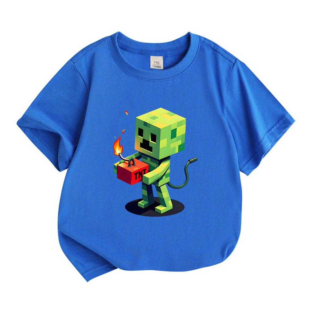Kids Boys Girls 100% Cotton Crew Neck Short Sleeve T-Shirt, Funny Pixel Green Game Creeper Hold TNT Print Casual Soft Tee Tops for Children Daily Wear