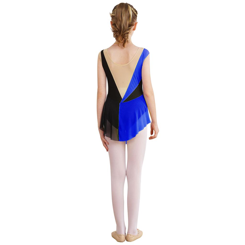 Girls Figure Skating Outfit Sparkly Rhinestone Color Block Leotard Sheer Mesh Patchwork Sleeveless Bodysuit