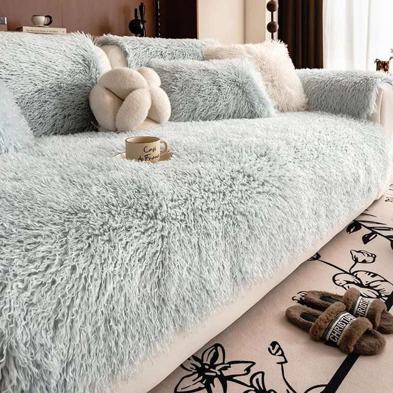 Solid Color Artificial Plush Sofa Cover Universal Soft Sofa Towel Non-slip L Shape Sofa Blanket Couch Cushion Mat Living Room