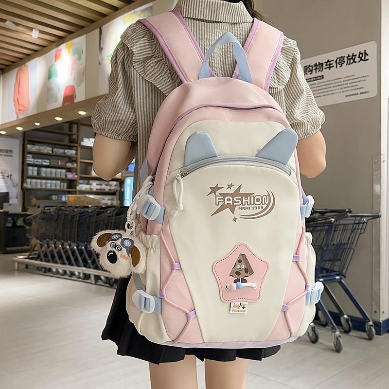 Contrast Color Backpack Women's College Style Lightweight Backpack Cartoon Student Schoolbag