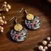 Retro Dark Blue Half-Moon Goldfish Print Double Layer Wood Earrings