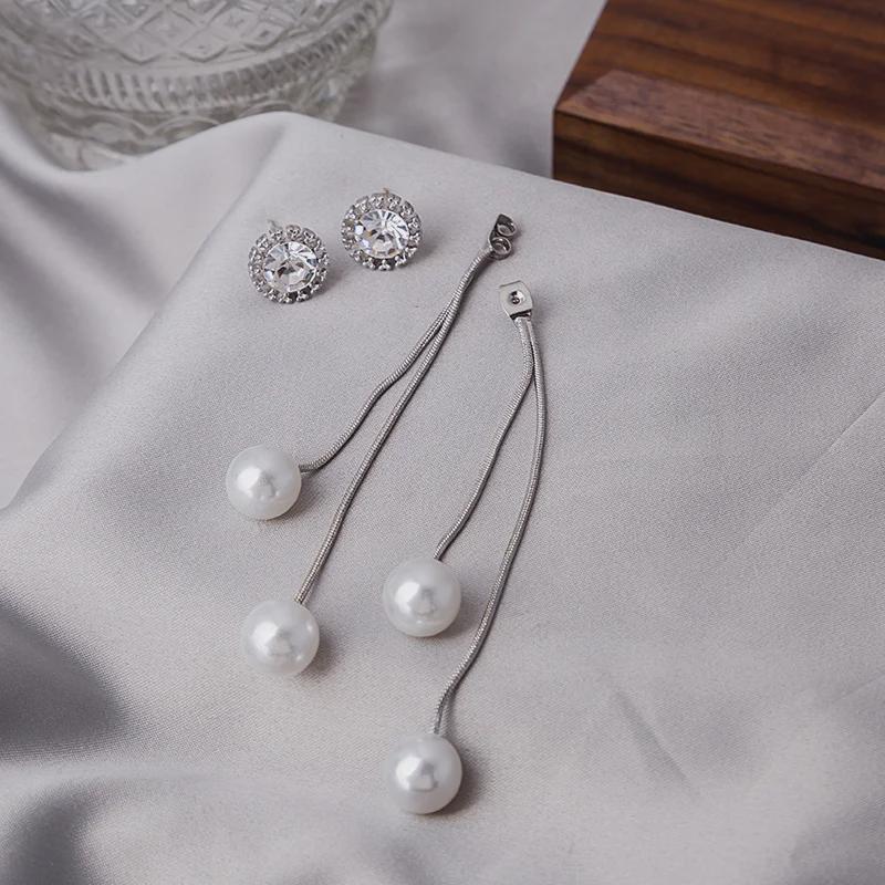 925 Silver Korean Zircon Pearl Tassel Earrings