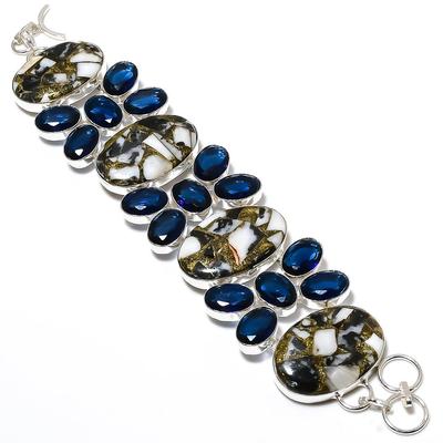 Natural Zebra Jasper, Blue Topaz Gemstone 925 Sterling Silver Bracelet 7-8" o5N44