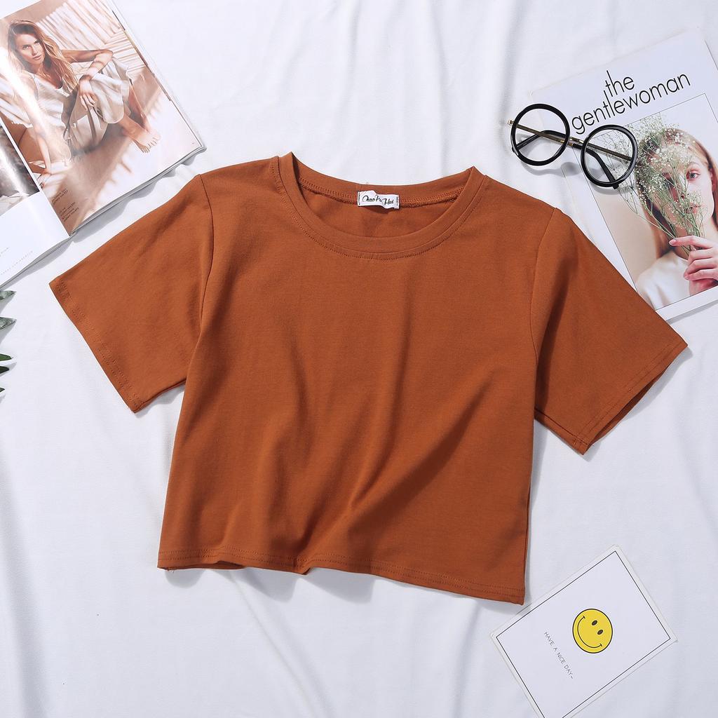 Top corto, maglietta corta bianca da donna, estate, versione coreana a maniche corte, tinta unita, per studenti, a vita alta, con ombelico che perde, ampia e versatile.