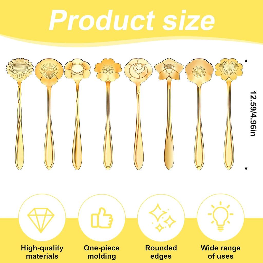 8 Pcs Gold Stirring Spoons Set,Floral Design Stainless Steel Stirrers for Coffee,Tea,Dessert & Sugar Reble Mini Utensils Kit for Tea Party & Home Bar