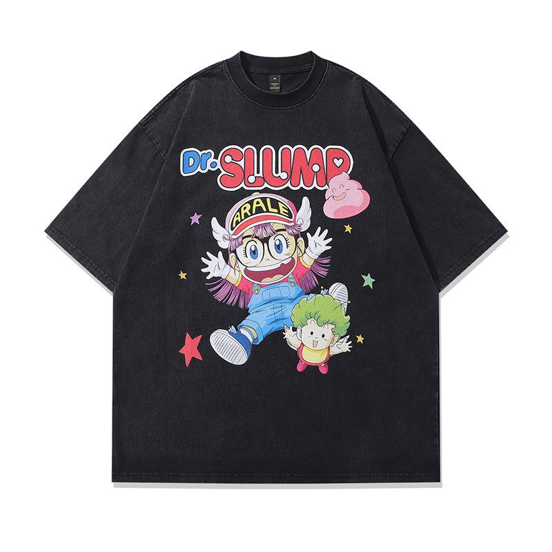 Harajuku Anime Print Washed Old Short-Sleeved T-Shirt Men'S American Retro Ins Street Tide Brand Casual Base