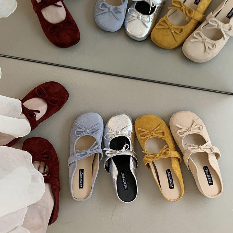 Height-increasing Retro Bag Head Half Slippers Women's Spring and Summer Outer Wear New French Ballet Style Bow Mary Single Shoes