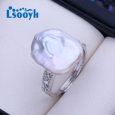 Natural Freshwater Big Baroque Pearl Rings For Women Classic Silver Color Party Ring Pearl Jewelry