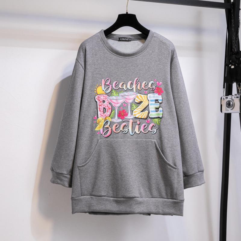2025 Women's Fleece Crew Neck Sweatshirt with Printed Letter, Kangaroo Pocket, and Long Sleeves