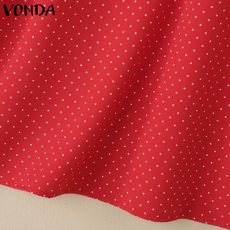 VONDA Summer Women Lace Neck Short Puff Sleeve Ruffled Polka Dots Casual Tops Blouse