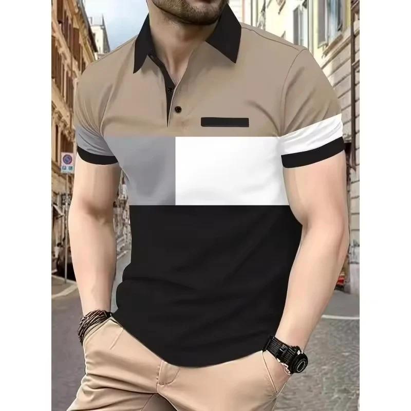 Men's 3D Printed Minimalist Geometric Polo Shirt with Colorful Striped Pattern Short Sleeved Button Top Loose Polo Shirt