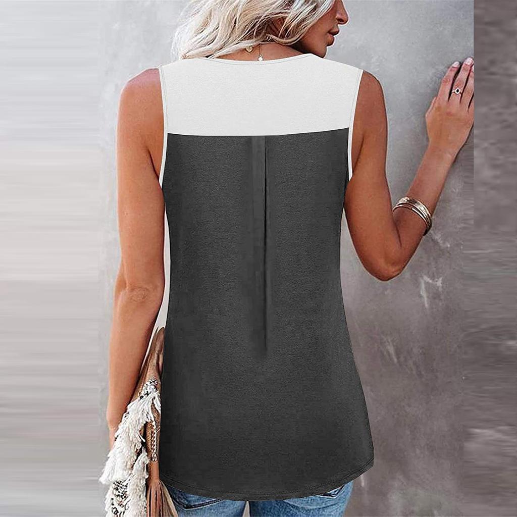 Fashion Womens Summer V-neck Sleeveless Patchwork Tops Ruffle Loose Tunic Blouse
