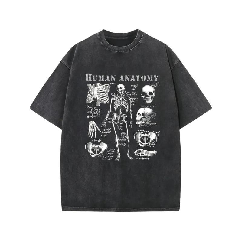 

European Size Men s Retro Washed Anatomy T-shirt - Short-sleeved Shirt with Human Structure Pattern, Soft and Breathable Cotton Crew Neck Top 5XL чорний