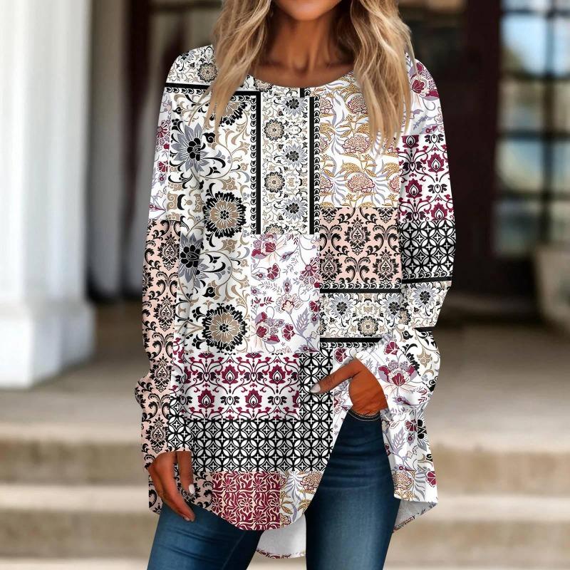 

Женская повседневная футболка больших размеров с длинными рукавами и круглым принтом, топ, футболки-пуловеры для женщин XXL белый