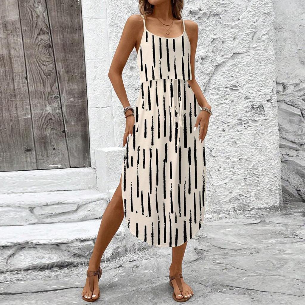 Women's Fashionable Retro Printed Camisole Waist Cinching Casual Dress