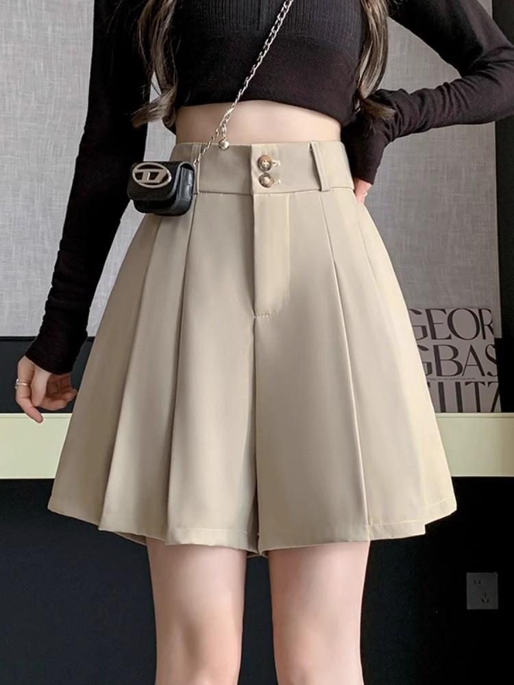 

Осень 2024 Кюлоты А-силуэта плиссе с завышенной талией для миниатюрных - Черные шорты с широкими штанинами для женщин 4XL хаки