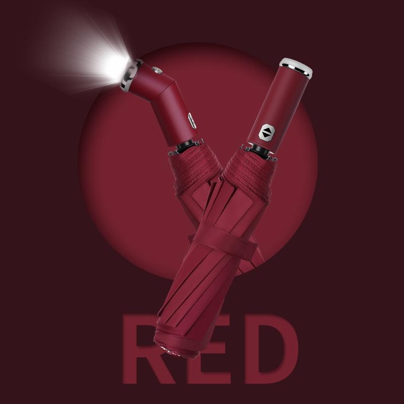 10 Bone Fully Automatic Three Fold Umbrella, Rotatable Led Flashlight, Business Wind Resistant Folding Umbrella, Sunny Umbrella