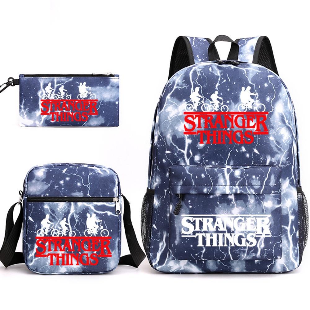 Stylish Stranger Things Canvas Backpack Set Includes Shoulder Bag And Pencil Case Perfect For Casual Travel