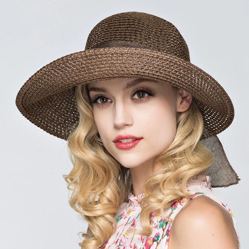 Summer Women's Straw Hat Rolled Edge Bow Breathable Sunscreen Large Eaves Hundred Sun Hat Shading Sun Beach Seaside Foldable