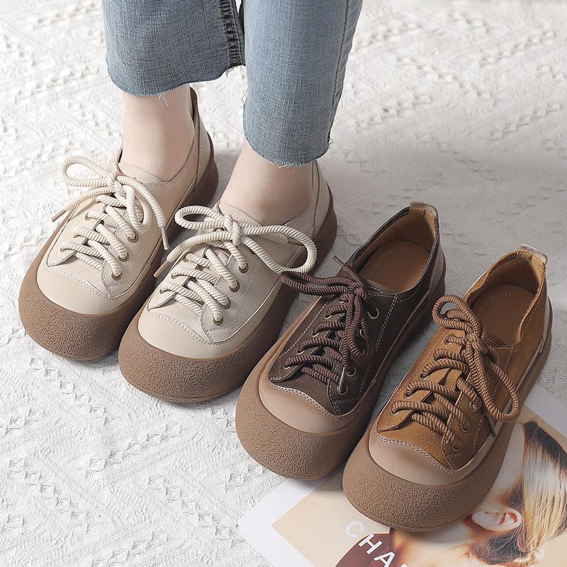 Fashion GKTINOO Retro Genuine Leather Sneakers Lace Up Women's Shoes 2025 Spring New Casual Round Toe Cowhide Flats