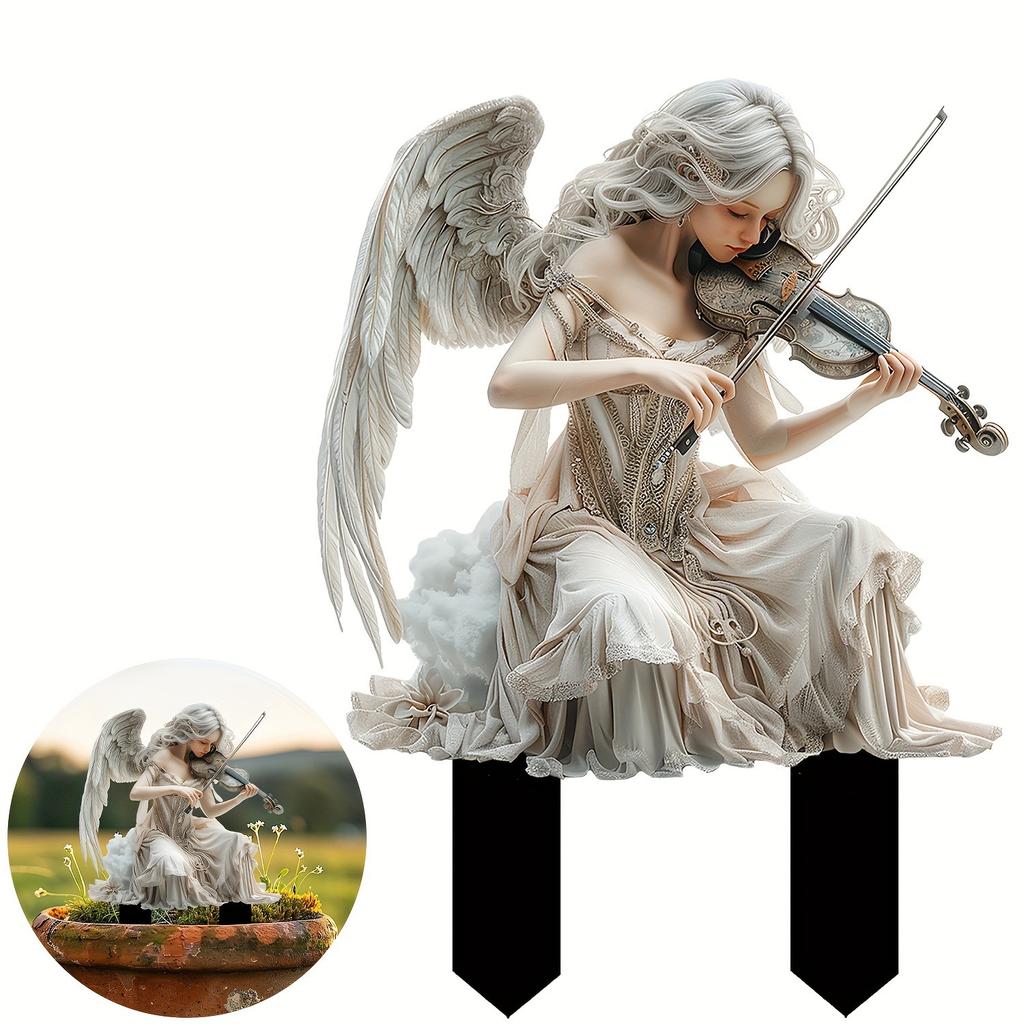 Weißer Engel spielt Violine, Acryl-Gartenstecker, Pflanzgefäß, Rasen, Bauernhof, dekorativer Bodenstecker, dekoratives Schild